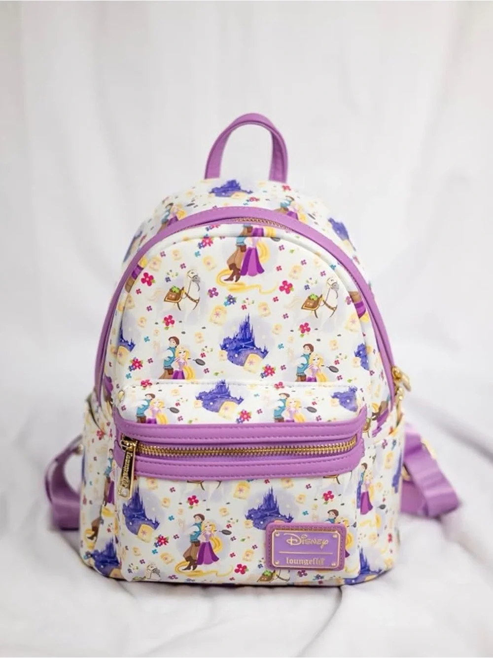 Loungefly White Mini Backpack with Purple Trim and Princess Print